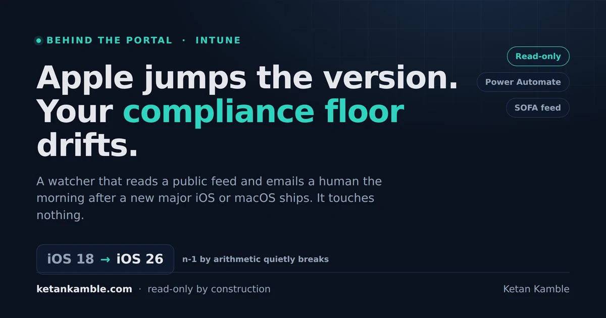 Cover: Apple ships a new major iOS version, a public feed catches it overnight, and an email lands the next morning telling you to raise the Intune OS-version compliance floor