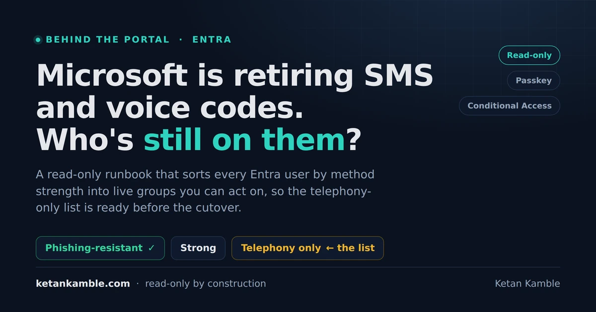 Cover: Microsoft retiring its own SMS and voice delivery and defaulting to passkeys, and a read-only runbook that sorts every Entra user into method-strength groups so the telephony-only list is ready to act on