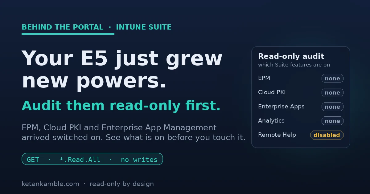 Cover: advanced Intune Suite features arriving switched on at the license level, and a read-only Graph audit listing which are present before anyone enables them