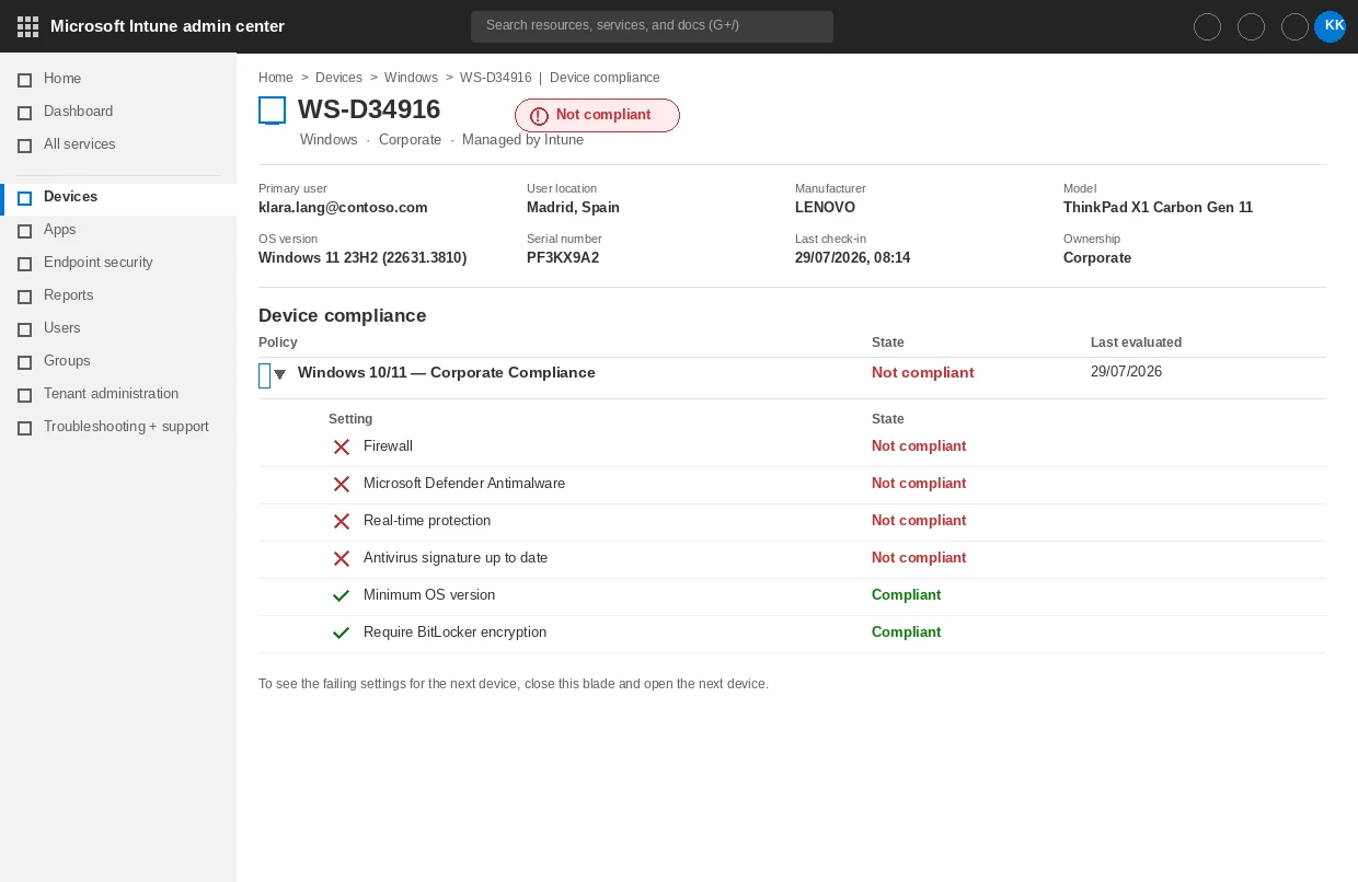 Intune device compliance blade — one device, its failing settings, the user's location and the device make/model, all in a single blade